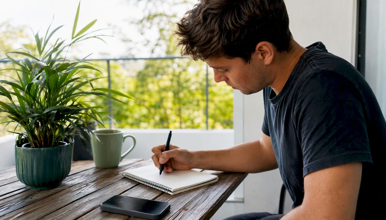 Person calculating budget with coffee at kitchen table